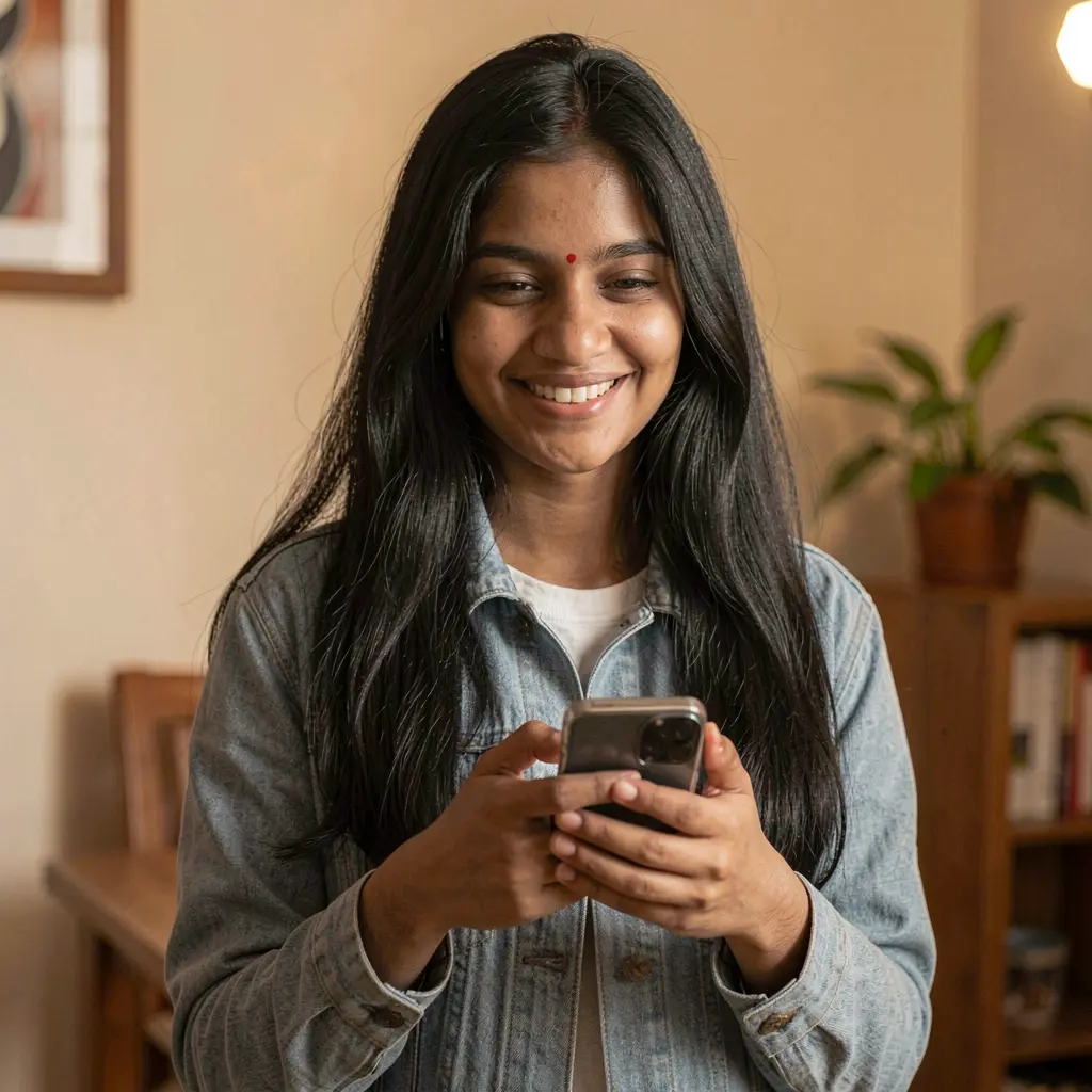 Smiling Bangladeshi woman using the 9Y999 casino app on her smartphone enjoying modern mobile gaming entertainment