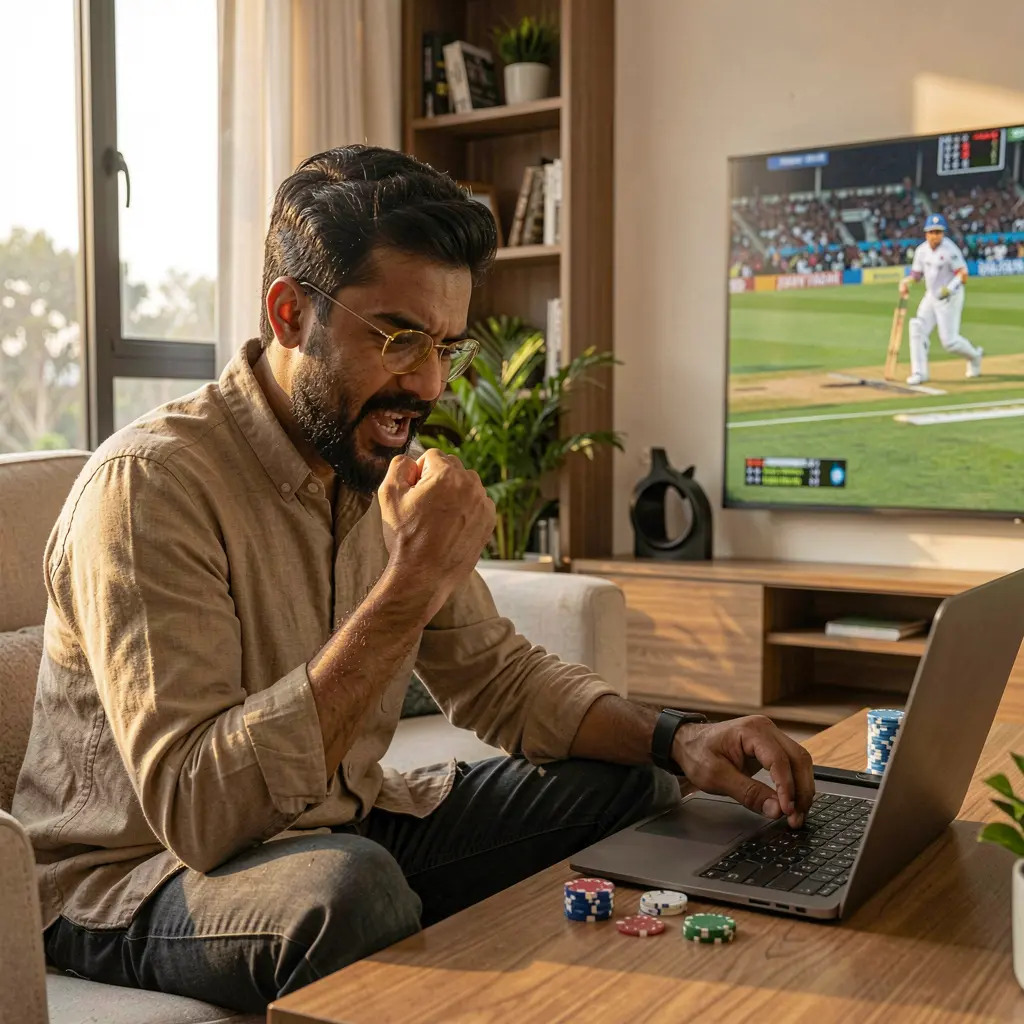 Excited Bangladeshi sports bettor celebrating a winning moment while placing live cricket bets on a laptop with 9Y999 at home