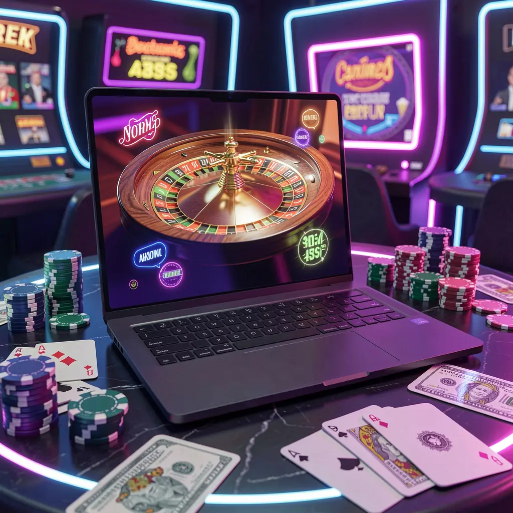 Stylish online roulette scene on a laptop surrounded by casino chips and cash highlighting immersive gameplay at 9Y999 for players in Bangladesh