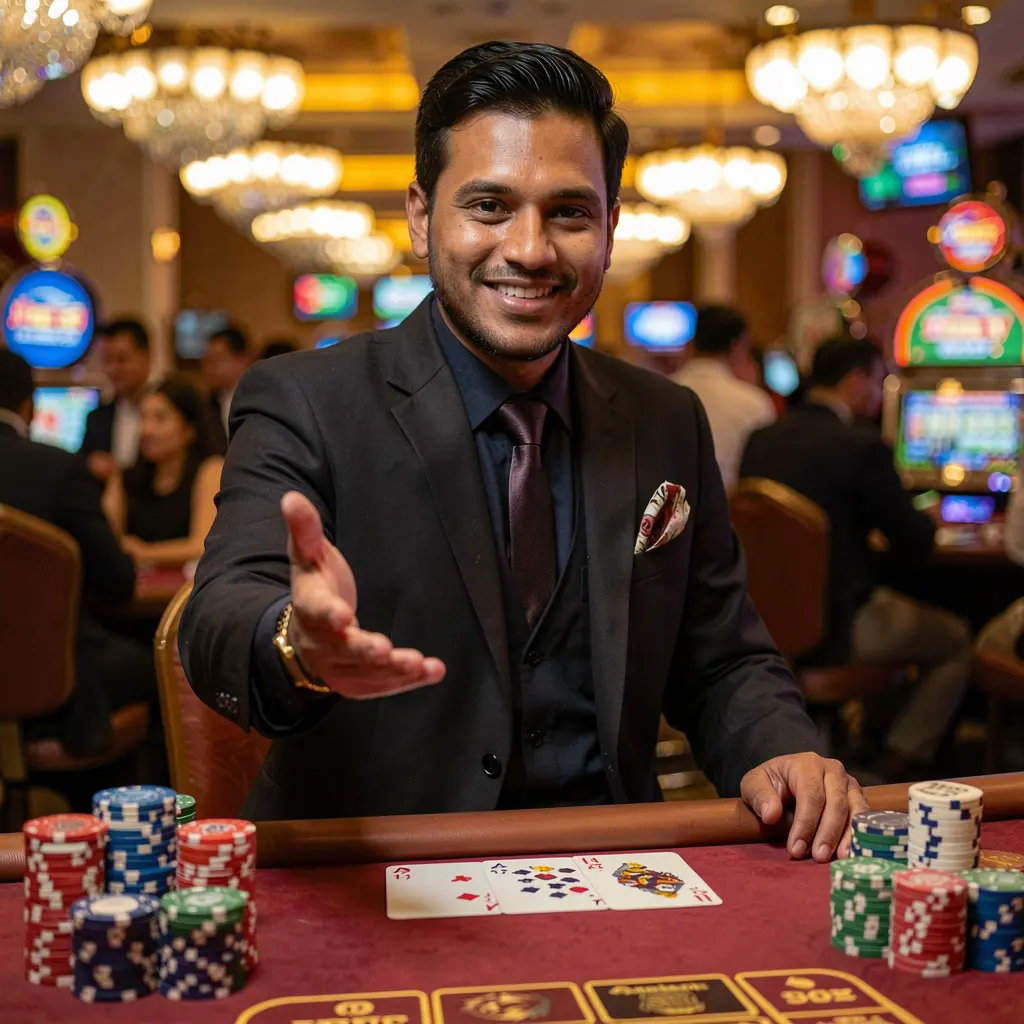 Smiling Bangladeshi casino dealer welcoming players with an extended hand surrounded by glowing chips representing trusted login to 9Y999