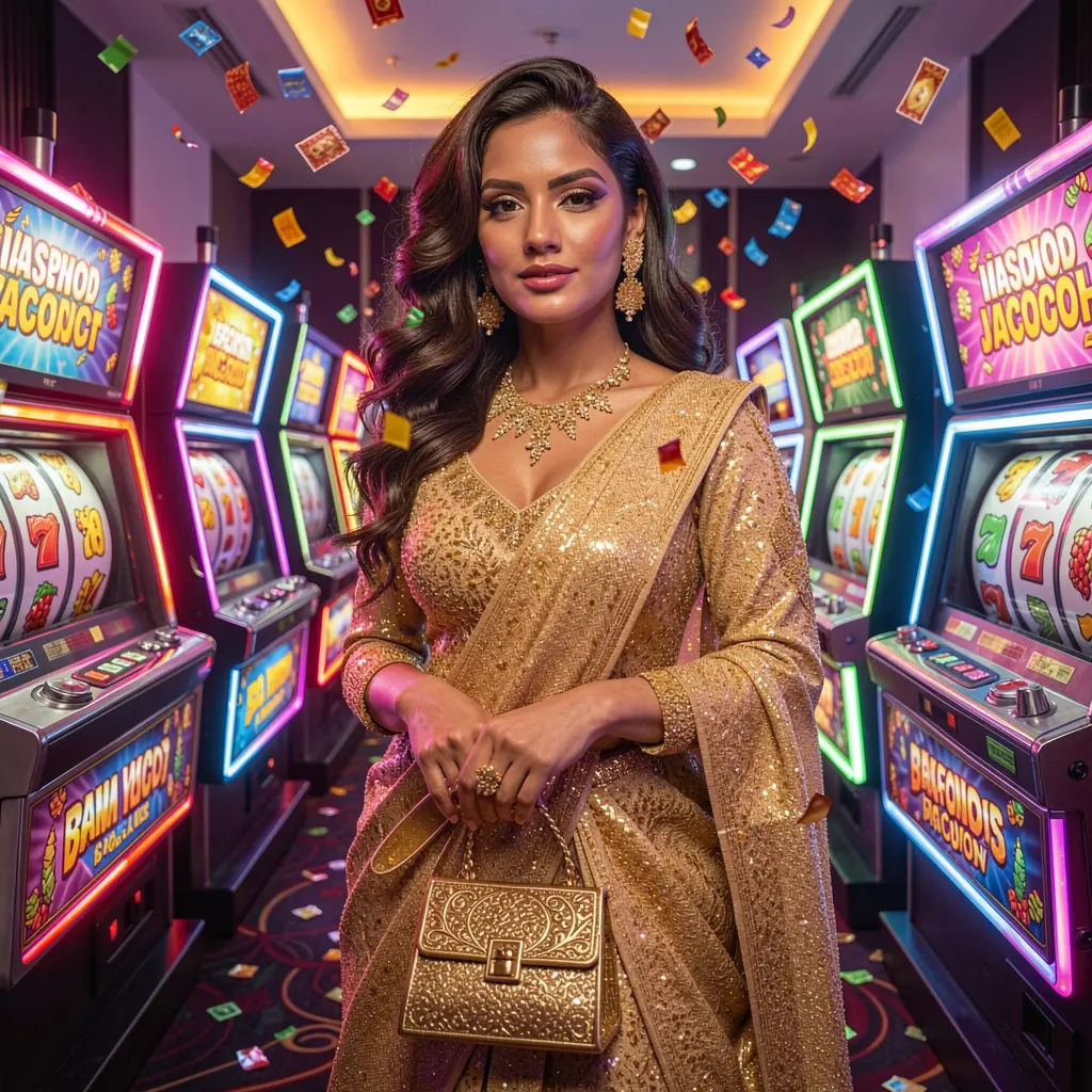 Elegant woman in a sparkling gold dress standing between bright slot machines inside the immersive 9Y999 casino environment for players in Bangladesh